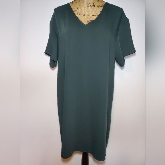 Aritzia Babaton Aaron Hunter Green Short Sleeve V Neck Shift Dress Size S - Picture 1 of 12